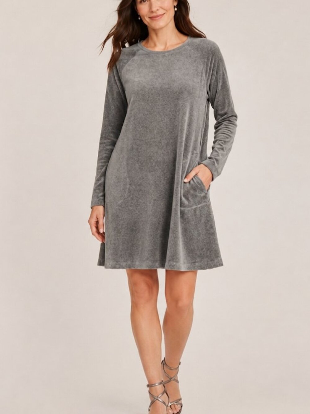 Pure Jill Gray Velour Shift Dress Medium Long Sleeve Pocket Tunic